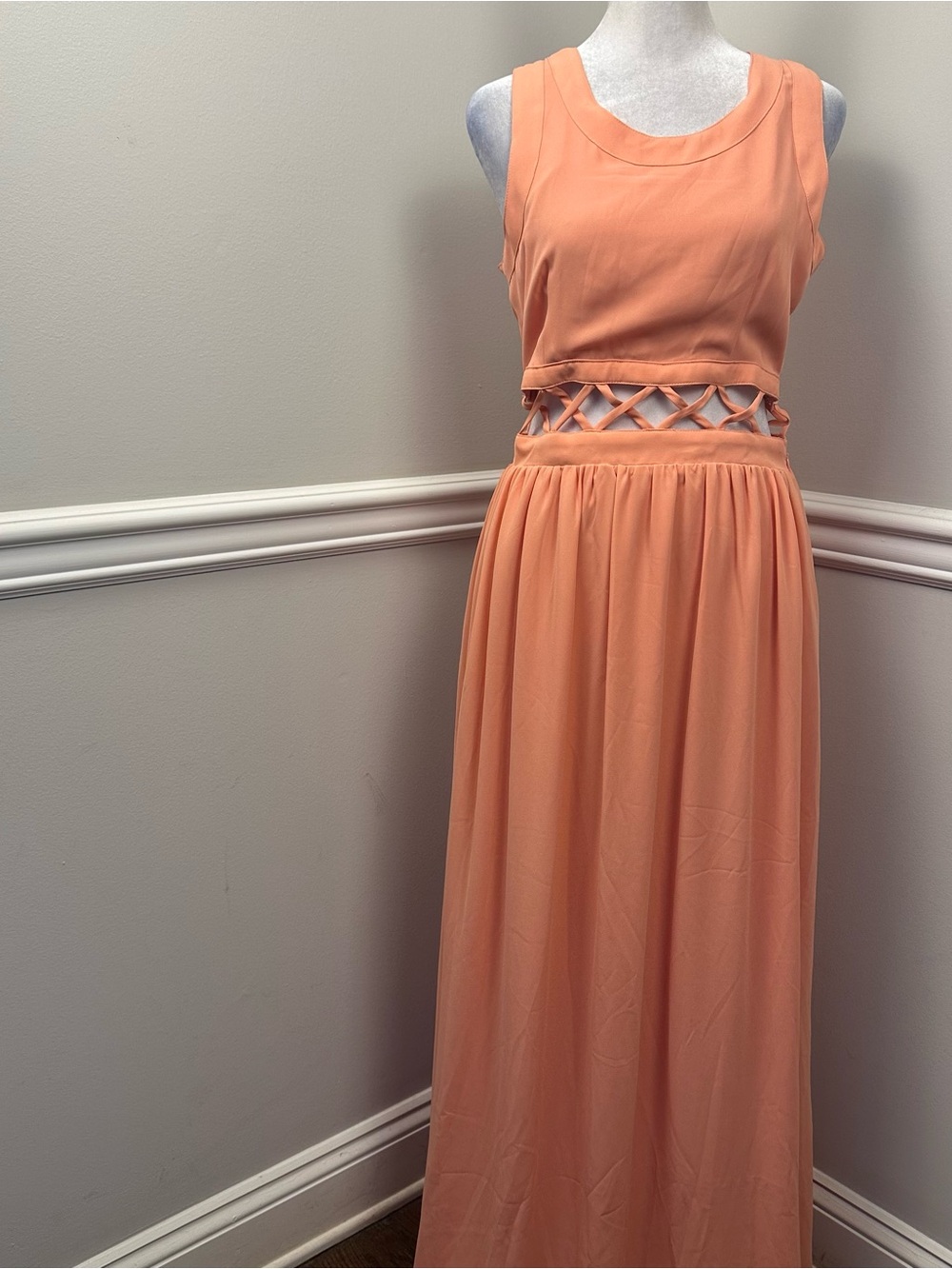 Lovers + Friends Peach Sleeveless Maxi with Cutout Lattice Waist M NWTS